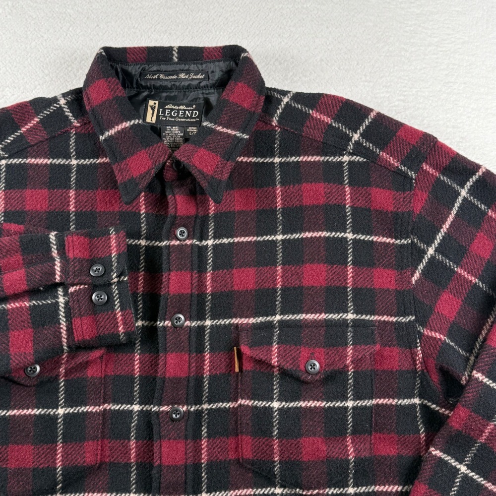 Eddie Bauer Legend North Cascade Shirt Jacket Plaid Wool Blend Mens L Red‎ Black